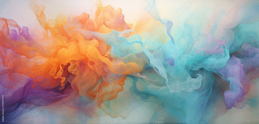 Radiant bursts of tangerine, turquoise, and lavender smoke swirling harmoniously, painting the air with vibrant colors.