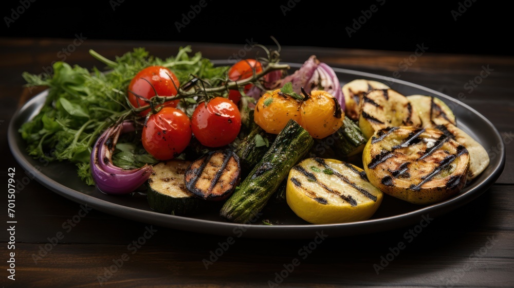 a plate of grilled vegetables including tomatoes, asparagus, zucchini, and other veggies. a plate of grilled vegetables including tomatoes, asparagus, zucchini, and other veggies.