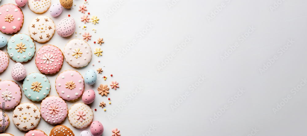 Colored egg-shaped gingerbread cookies covered with multi-colored glaze with a pattern on white background. copy space, flat lay