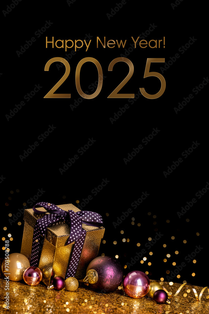 Happy New Year 2024! Golden gift box and christmas balls on golden background