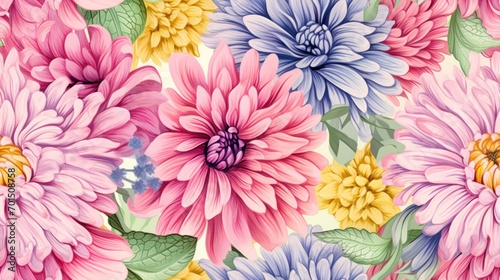  a close up of a bunch of flowers on a white background with blue, pink, yellow and green leaves.