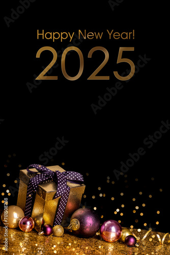 Obraz na płótnie Happy New Year 2024! Golden gift box and christmas balls on golden background w salonie