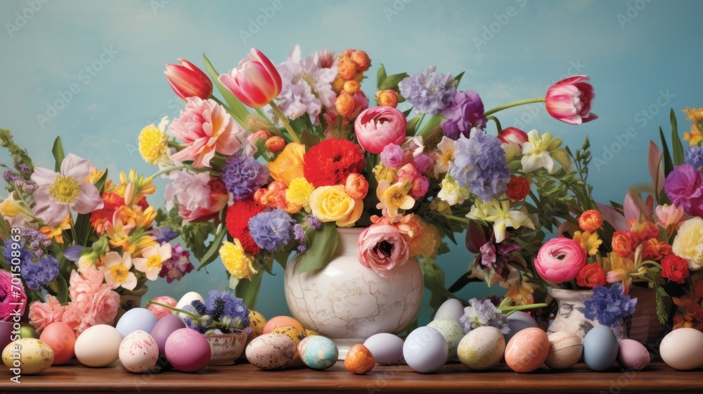  a vase filled with lots of colorful flowers sitting next to a row of eggs on a table with a blue wall in the background.