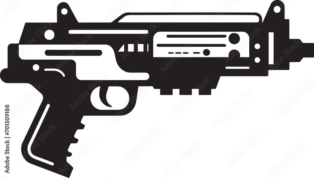 Futuristic Photon Pistol Black Iconic Cosmic Pulse Blaster Vector Emblem