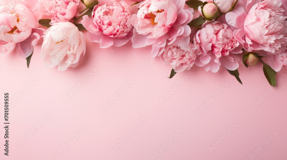 Radiant peonies placed against a pastel pink backdrop, composing a captivating floral boundary, providing space for text insertion.