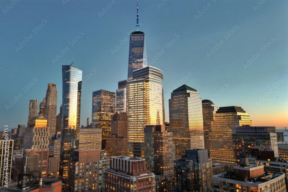 Naklejka premium NYC skyline. Manhattan view from New Jersey, NYC skyscraper. Drone aerial view of New York City. Big Apple. NYC panorama from Hudson. Cityscape landmark. Lower Manhattan NYC.