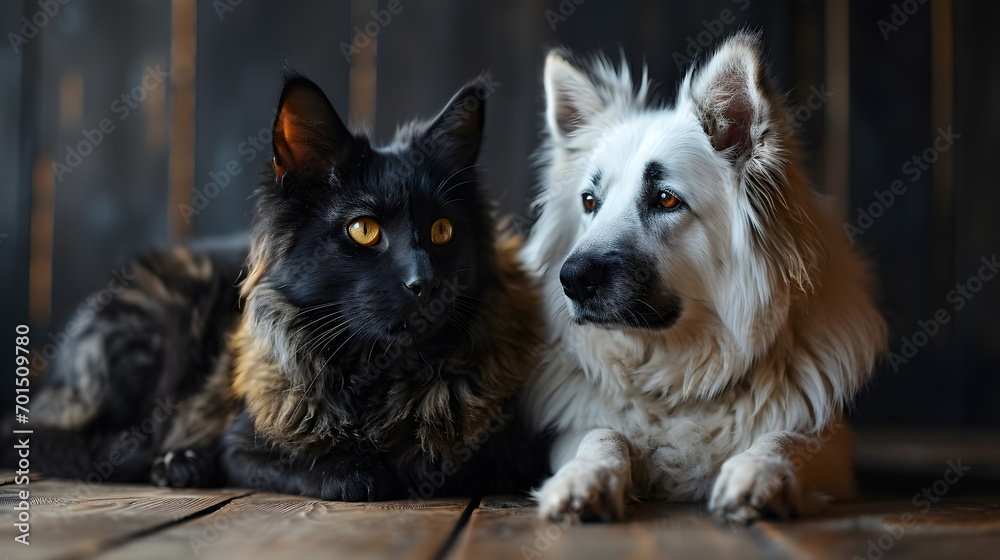 Black cat and white dog lying together on the floor.  pets on black background.