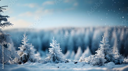 beautiful nature winter scene background with snowy pine tree branch at the edge, concept banner with copy space for vacation 