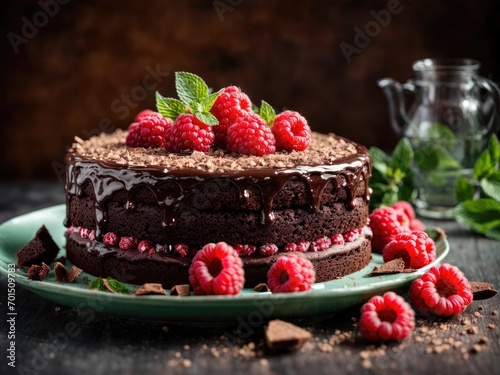 Closeup of chocolate cake with raspberry and mint. Chocolate perfection highlighted by raspberry and mint.