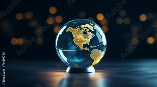 A glase globe with black and golden background, bokeh effect, space for text - Generative AI