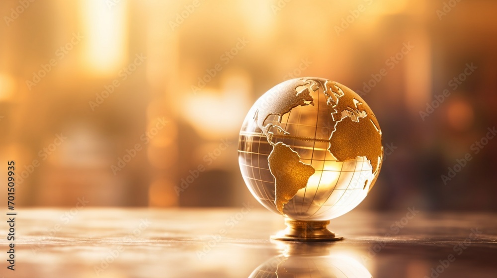 A glase globe with golden background, blur effect, space for text - Generative AI A glase globe with golden background, blur effect, space for text - Generative AI