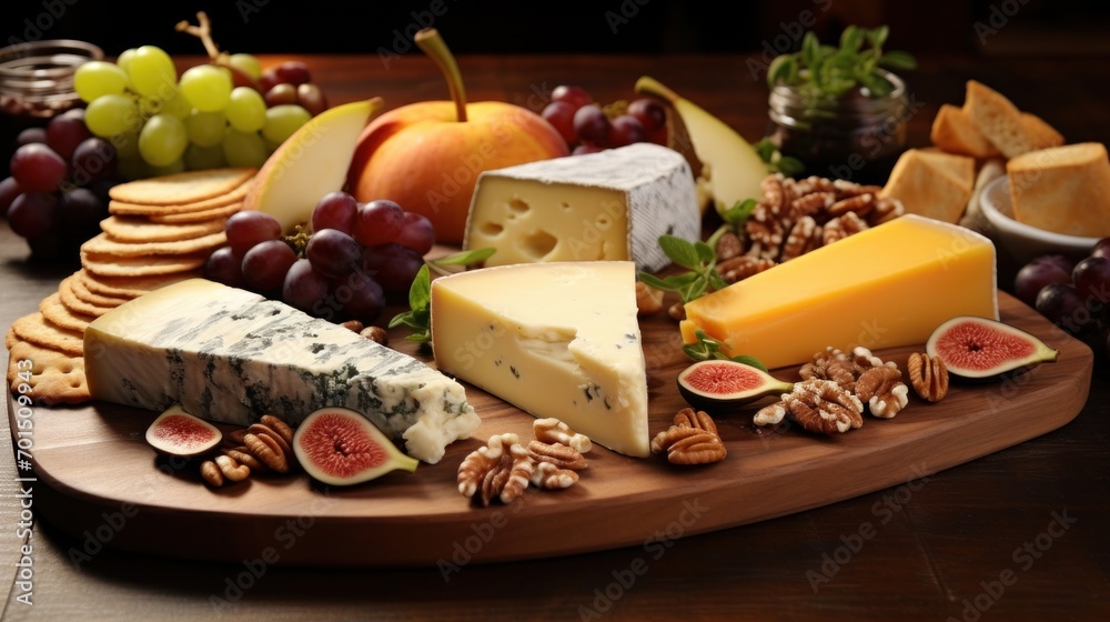  a variety of cheeses, nuts, and fruit are arranged on a wooden platter on a wooden table.