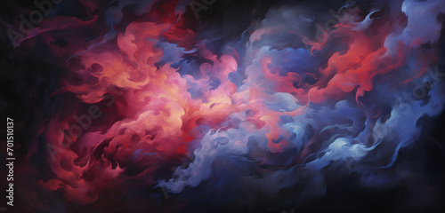 Radiant plumes of cobalt and ruby smoke intermingling, narrating a captivating tale with their vivid, intertwining streaks against a dark canvas.