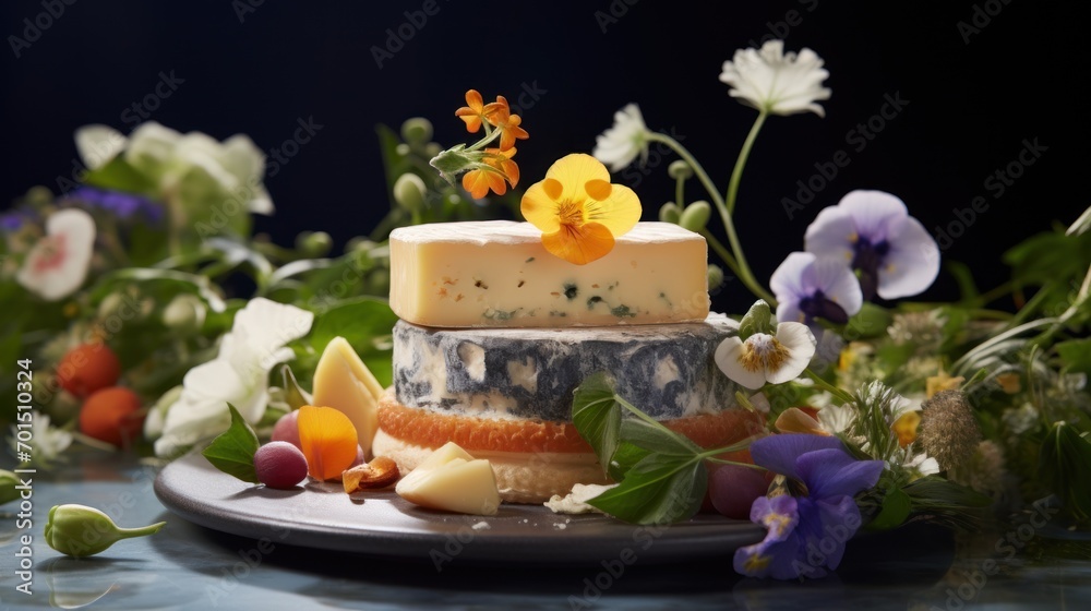 a close up of a cake on a plate on a table with flowers and other flowers in the back ground. a close up of a cake on a plate on a table with flowers and other flowers in the back ground.
