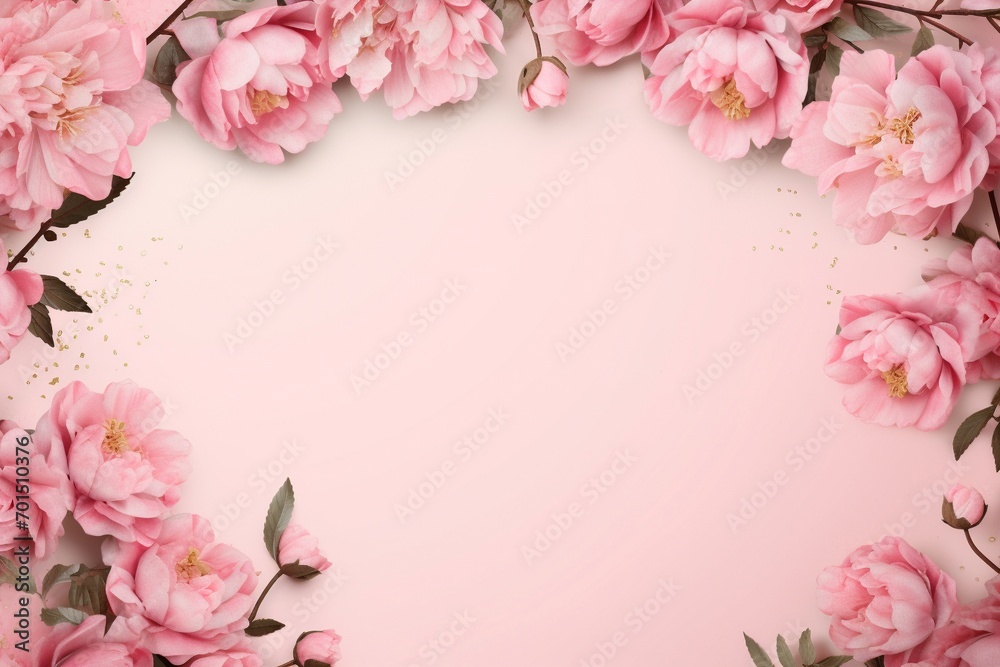 Scattered peony blossoms on a soft pink background, crafting a whimsical yet sophisticated frame, perfect for text inclusion.