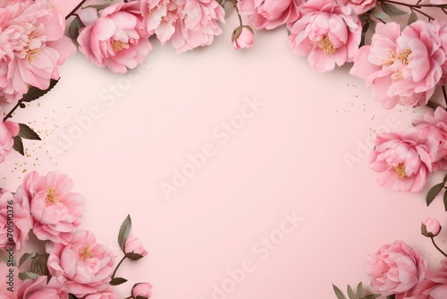Scattered peony blossoms on a soft pink background  crafting a whimsical yet sophisticated frame  perfect for text inclusion.
