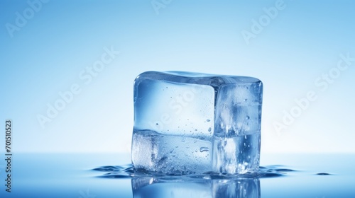  an ice cube with water splashing on top of it, on a reflective surface, against a blue background.