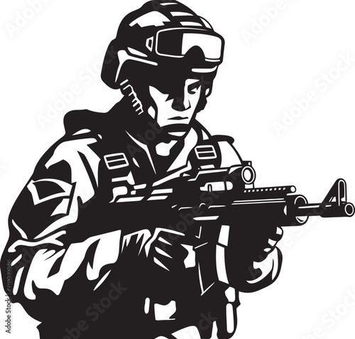 Gun Wielding Soldier Black Iconic Design Battlefield Weaponry Vector Emblematic © BABBAN