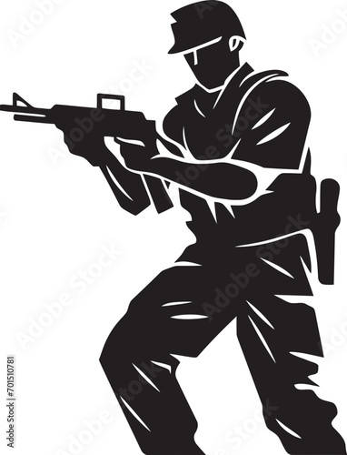 Infantry Weaponry Black Emblematic Soldier with Gun Vector Emblem Icon © BABBAN
