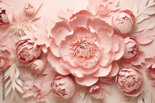 Soft-hued peonies intricately placed on a pastel pink surface, forming an abstract floral layout designed for creative text placement.