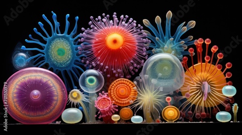  a group of different colored objects sitting next to each other on a black surface in front of a black background.
