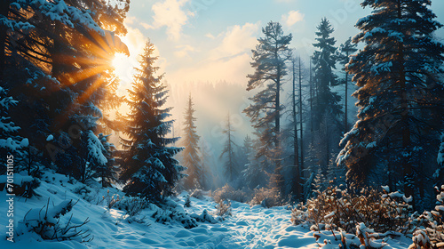 Winter snow-covered forest background with copy space.  photo