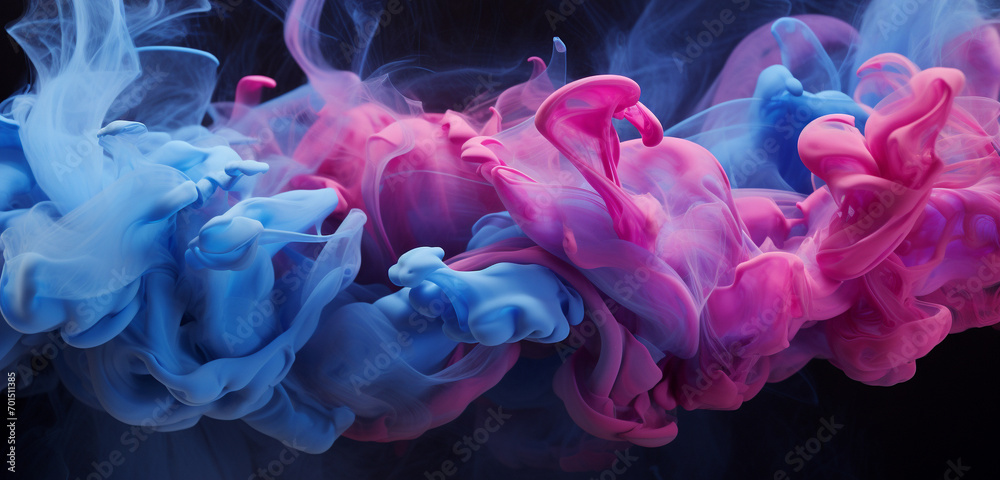 Spiraling explosions of magenta and cerulean smoke dancing in an intricate interplay, creating a mesmerizing and transient display.