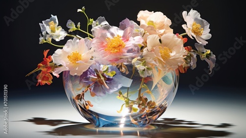  a glass vase filled with lots of flowers on top of a white counter top next to a shadow of a wall.