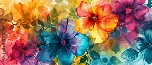 Watercolor floral pattern with a bright rainbow of colors. Bright and harmonious design