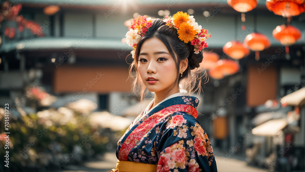 Portrait of a beautiful Japanese girl, flower