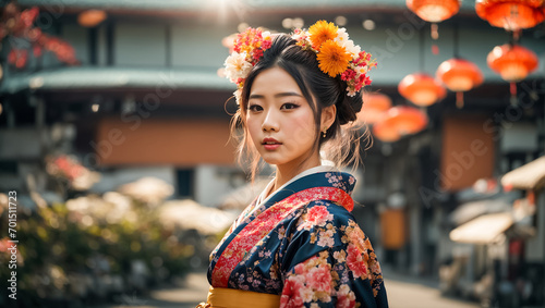 Portrait of a beautiful Japanese girl, flower