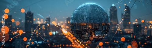 A technological globe in the middle of a cityscape. Technology concept photo