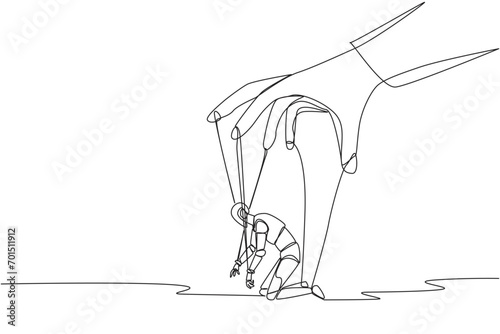 Single continuous line drawing robot kneel, entire body bound by ropes controlled by giant hands. Deep despair. Artificial intelligence not functioning optimally. One line design vector illustration photo