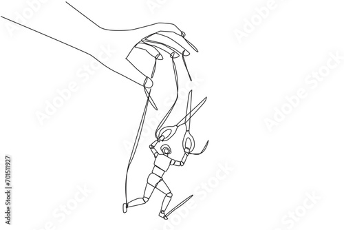 Single one line drawing of robot walking moved by ropes controlled by giant hands. Break free with scissors. Artificial intelligence that provides benefits. Continuous line design graphic illustration