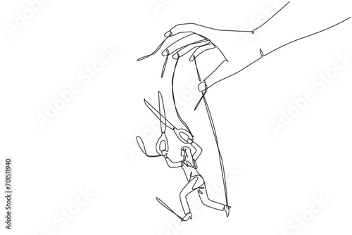 Continuous one line drawing businesswoman walking moved by ropes controlled by giant hands. Cut ropes to escape. Free expression to do business. Freedom. Single line draw design vector illustration