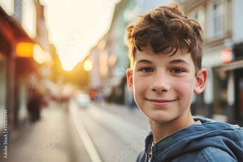 portrait of an early teenage boy smirking looking at the camera outside a city street photo
