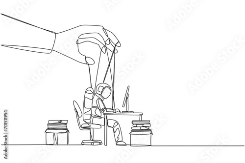 Single one line drawing astronaut typing on laptop, hand moved by ropes. The situation is out of control. Unable to make a proper expedition report. Cosmic. Continuous line design graphic illustration