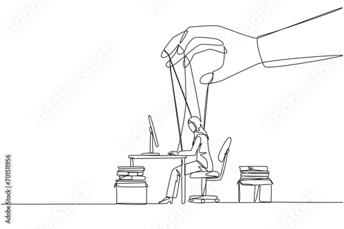 Single continuous line drawing Arab businesswoman typing on laptop, hand moved by ropes. The situation is out of control. Not as expected. Someone is in control. One line design vector illustration