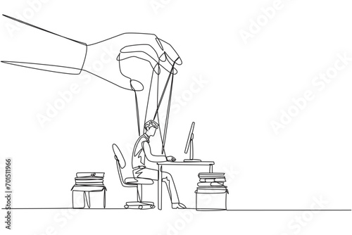 Continuous one line drawing businessman typing on a laptop, hands moved by ropes. Like having a lot of debt, not being able to move freely. Controlled. Single line draw design vector illustration