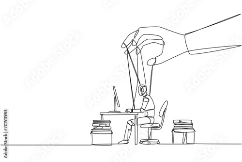Single continuous line drawing robot typing on a laptop, hand moved by rope controlled by a giant hand. Controlling everything. Enslave robots. Future tech concept. One line design vector illustration