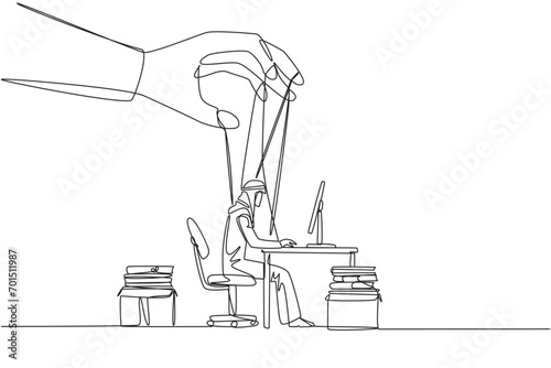 Continuous one line drawing Arab businessman typing on laptop, hand moved by ropes. Puppeteer arranges the puppets. Working behind the scenes. Obedience. Single line draw design vector illustration