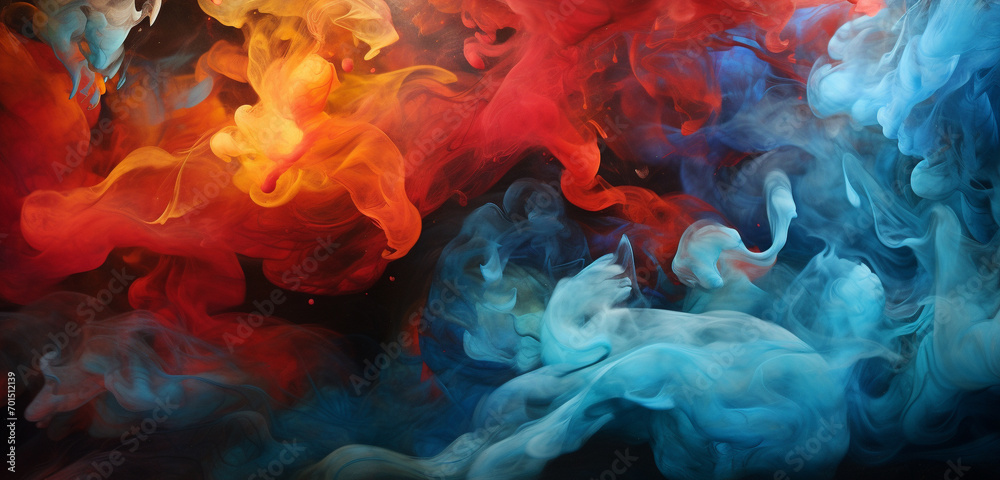 Swirling plumes of vermilion and cerulean smoke dispersing gracefully, creating a mesmerizing and colorful atmosphere.