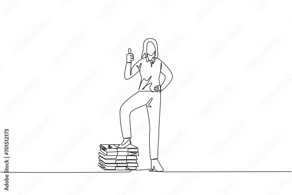 Continuous one line drawing businesswoman stands with thumbs up pose and steps on stack of banknotes. Get a lot of benefits in a short time. Work smart way. Single line draw design vector illustration Continuous one line drawing businesswoman stands with thumbs up pose and steps on stack of banknotes. Get a lot of benefits in a short time. Work smart way. Single line draw design vector illustration