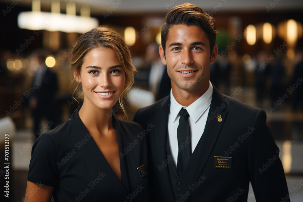 Elegant business man and woman in suits on reception, waiting for hotel guests