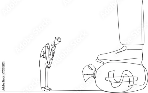 Single continuous line drawing businessman nodded in front of the giant foot stepping on the money bag. Good relationship. Entrepreneurs who respect financiers. One line design vector illustration