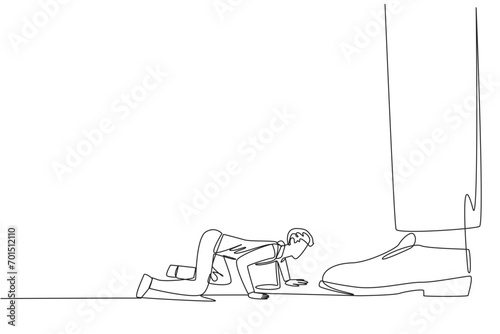 Continuous one line drawing businessman kneels and licks giant foot. Submissive. Licker. Mischievous in the company. Selfish. Destroying team cohesion. Single line draw design vector illustration photo