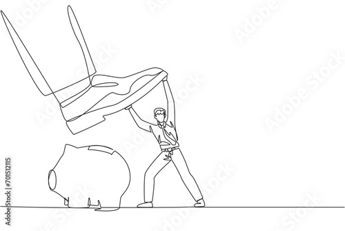 Single continuous line drawing businessman holds back giant foot wants to step on piggy bank. Protects against further damage. Want to take company asset savings. One line design vector illustration