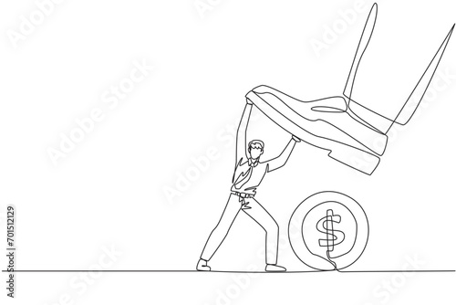 Continuous one line drawing businessman holds back a giant foot wants to step on large coin with dollar symbol. Resist vandals who want to thwart business. Single line draw design vector illustration