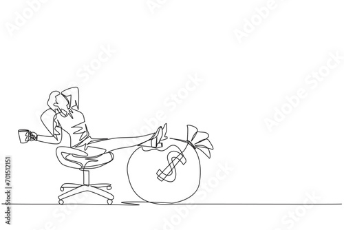 Single one line drawing businesswoman sitting relaxed in a work chair while holding a mug. Foot resting on the big money bag. Enjoying tremendous success. Continuous line design graphic illustration