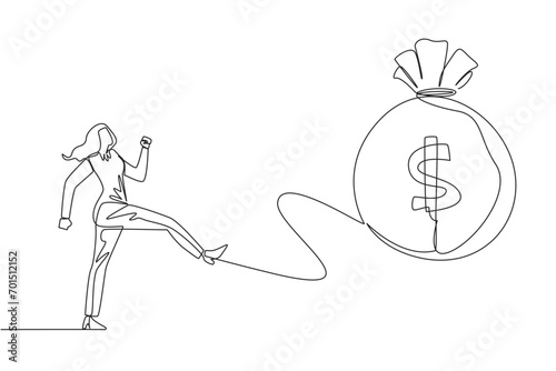 Single continuous line drawing businesswoman kicking the money bag. Pointless anger. Wasting a lot of capital without making a profit. No investments are empowered. One line design vector illustration
